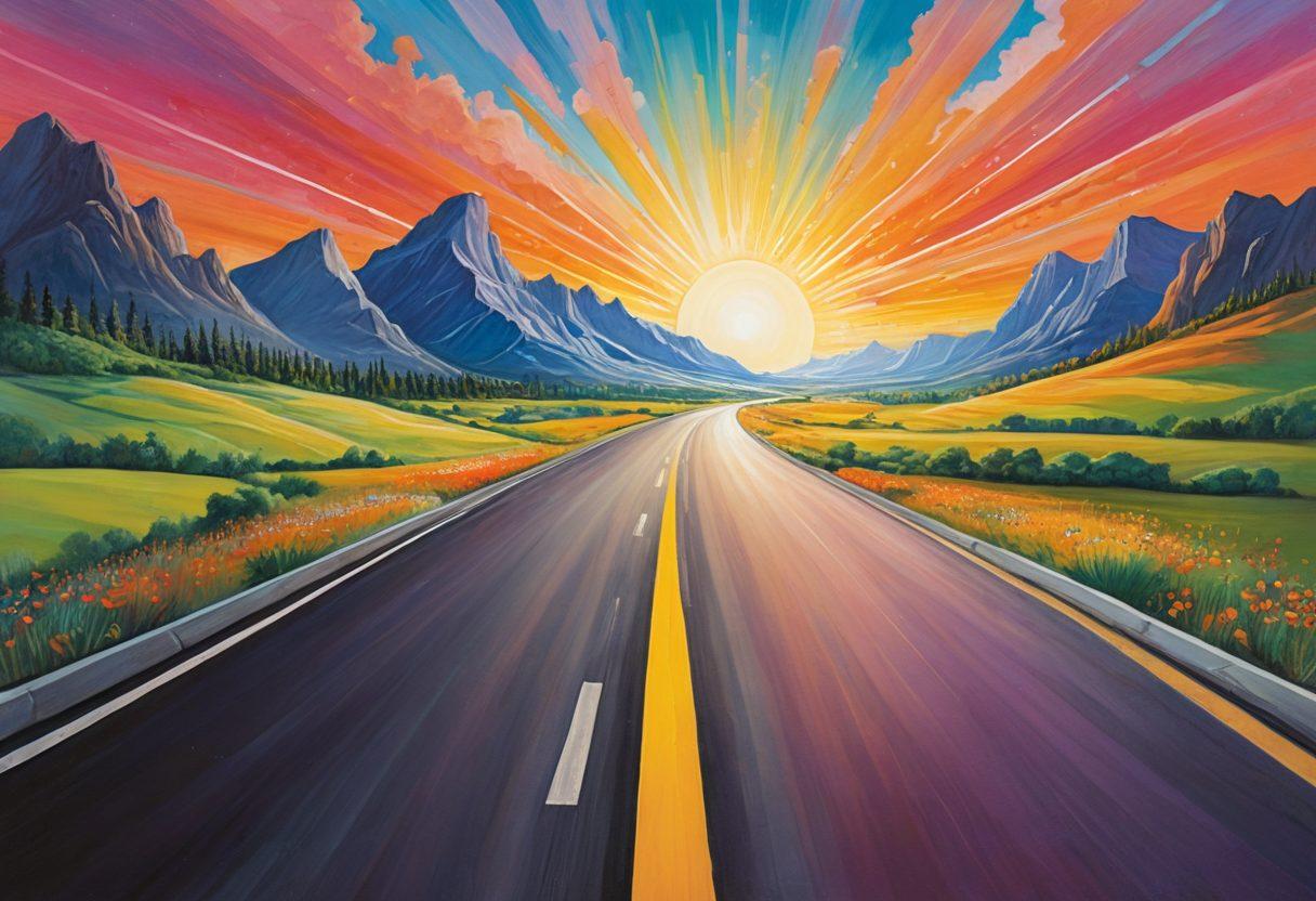 A detailed roadmap illustrating the journey of financial protection, featuring landmarks like 'Claims Assistance' and 'Premium Rates' prominently placed along the path. Include symbolic elements like a shield representing protection and a balance scale for fairness. The background should depict a bright horizon, symbolizing hope and security. A person confidently embarking on this journey could enhance the narrative. painting. vibrant colors.