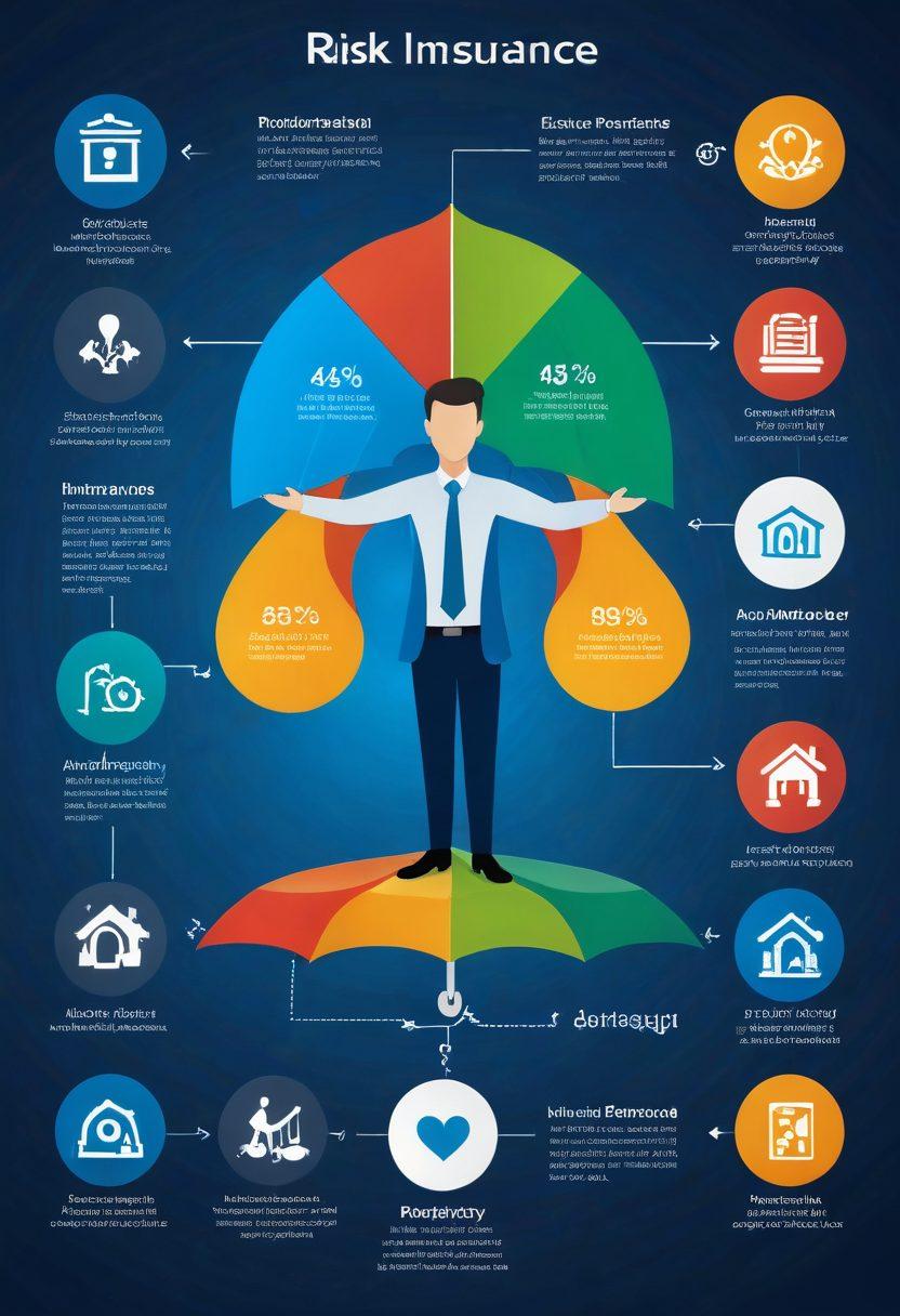 An intricate visual representation of risk management, showcasing diverse insurance solutions. Feature a balanced scale symbolizing fairness, surrounded by vibrant icons of various insurance types like health, travel, and property. Include a deep blue background to convey professionalism and trust, with graphs and charts subtly embedded in the design. A thoughtful person analyzing the situation should be depicted, emphasizing the deep dive into the topic. super-realistic. vibrant colors. professional tone.